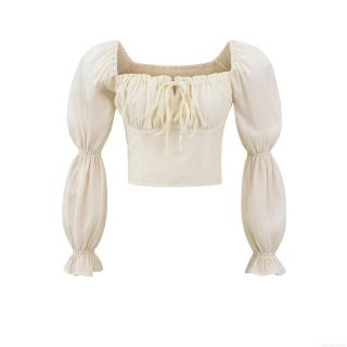 Women's Sexy Crop Top Polyester Crinkle Fabric Off Shoulder Square Neck Backless Smocked Drawstring Tie Up For Summer Party Street Fashion Bubble Lantern Sleeve Women Beige Blouse