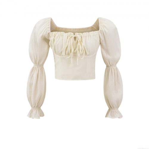 Women's Sexy Crop Top Polyester Crinkle Fabric Off Shoulder Square Neck Backless Smocked Drawstring Tie Up For Summer Party Street Fashion Bubble Lantern Sleeve Women Beige Blouse