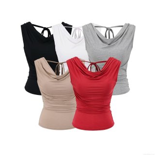 Women's Sexy Backless Cowl Neck T-Shirt Sleeveless Ruched Tied Summer Top With Chest Pads Rayon Spandex Streetwear Dating Slim Fit Plain Tank Top