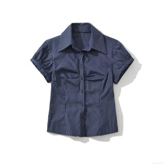 Women's Striped Short Sleeve Shirt Slim Fit Single Breasted Polyester Blouse Casual Streetwear Navy Blue Summer Top