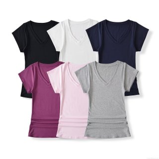 Women's Slim Fit V Neck T-Shirt Lyocell Elastane Ruched Waist Short Butterfly Sleeve Summer Casual Chic Tee Top