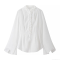 Women Elegant V-Neck Chiffon Blouse With Flare Sleeve Ruffle Wood Ear Trim Solid White Long Sleeve Button Down Shirt For Office Dating Lady Tops