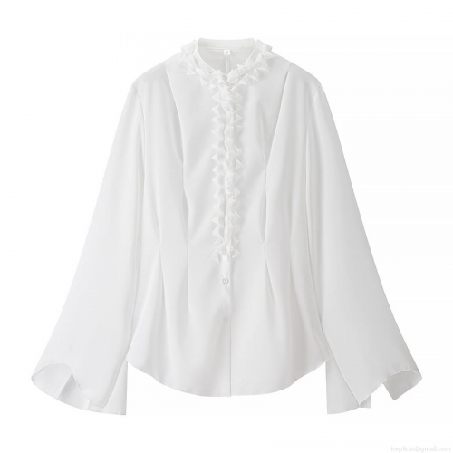 Women Elegant V-Neck Chiffon Blouse With Flare Sleeve Ruffle Wood Ear Trim Solid White Long Sleeve Button Down Shirt For Office Dating Lady Tops