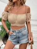 Women's Elegant Off-Shoulder Crop Top 100% Cotton Crinkled Puff Sleeve Shirt With Back Tie Bow And Crisscross Hem For Summer Casual Vacation