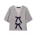 Women's V Neck Striped Blouse Seersucker Puff Sleeve Top With Bow Detail Retro Summer Short Sleeve Shirt Casual Streetwear Navy White