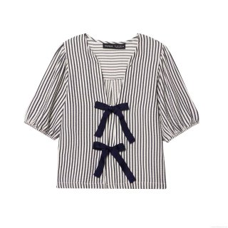 Women's V Neck Striped Blouse Seersucker Puff Sleeve Top With Bow Detail Retro Summer Short Sleeve Shirt Casual Streetwear Navy White