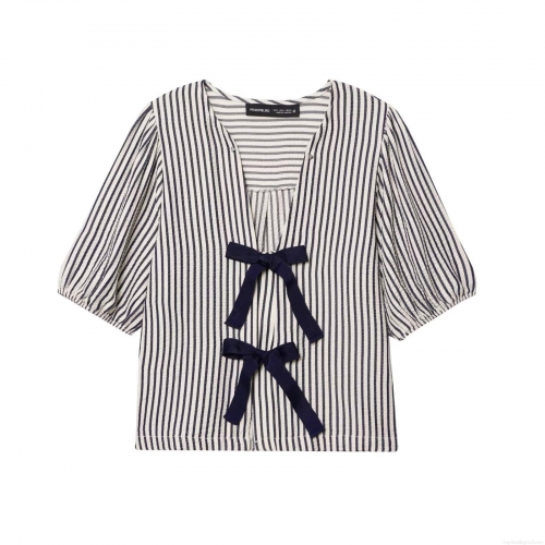 Women's V Neck Striped Blouse Seersucker Puff Sleeve Top With Bow Detail Retro Summer Short Sleeve Shirt Casual Streetwear Navy White