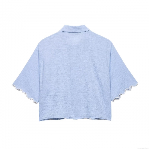 Women Short Sleeve Shirt Floral Embroidery Scalloped Edge Polyester Seersucker Casual European Street Style Lapel Button Down Blouse Top Women Clothing