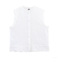 Women's White Cotton Blend Embroidered Eyelet Vest Top Sleeveless Button Down Round Neck Hollow Out Lace Shirt For Summer Casual Beach Streetwear