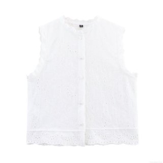 Women's White Cotton Blend Embroidered Eyelet Vest Top Sleeveless Button Down Round Neck Hollow Out Lace Shirt For Summer Casual Beach Streetwear
