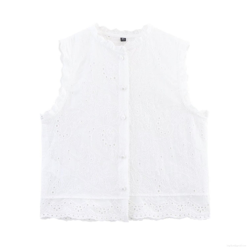 Women's White Cotton Blend Embroidered Eyelet Vest Top Sleeveless Button Down Round Neck Hollow Out Lace Shirt For Summer Casual Beach Streetwear