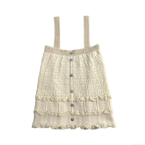 Women Summer Knit Mesh Hollow Out Crochet Camisole 100% Cotton Lace Trim Button Front Strap Top For Vacation Casual Streetwear Sleeveless Tank Top