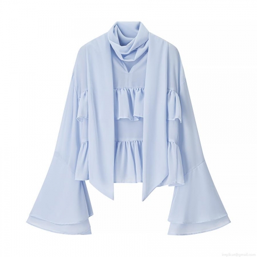 Women's Pussy Bow Chiffon Blouse Elegant Ruffle Long Flared Sleeve Solid Color Pullover Top Streetwear Casual Shirt