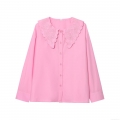 Peter Pan Collar Embroidery Long Sleeve Shirt For Women Polyester Button Down Scalloped Edge Blouse Daily Casual Retro Chic Tops