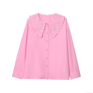 Peter Pan Collar Embroidery Long Sleeve Shirt For Women Polyester Button Down Scalloped Edge Blouse Daily Casual Retro Chic Tops