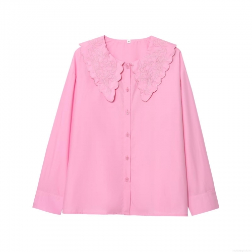 Peter Pan Collar Embroidery Long Sleeve Shirt For Women Polyester Button Down Scalloped Edge Blouse Daily Casual Retro Chic Tops