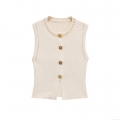 Women's Knit Vest Sleeveless Round Neck Crochet Tank Top With Gold Sunflower Buttons Summer European Style Solid Beige Polyester Knitwear