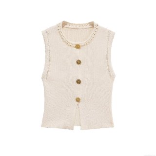 Women's Knit Vest Sleeveless Round Neck Crochet Tank Top With Gold Sunflower Buttons Summer European Style Solid Beige Polyester Knitwear