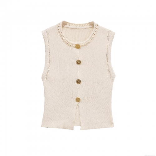 Women's Knit Vest Sleeveless Round Neck Crochet Tank Top With Gold Sunflower Buttons Summer European Style Solid Beige Polyester Knitwear