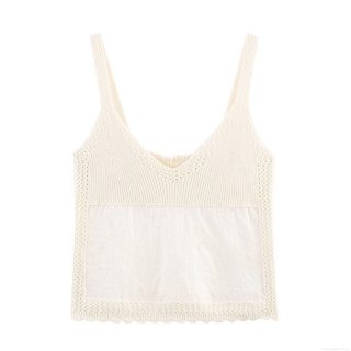 Women Sexy V Neck Knit Camisole Summer Lace Patchwork Backless Sleeveless Tank Top Beige Crochet Short Streetwear Vest