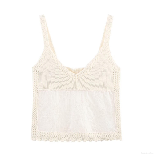 Women Sexy V Neck Knit Camisole Summer Lace Patchwork Backless Sleeveless Tank Top Beige Crochet Short Streetwear Vest