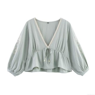 Women's V Neck Lantern Sleeve Embroidery Blouse Cotton Blend Tie Front Lace Trim Ruffle Hem Casual Shirt Summer Streetwear Tops