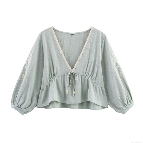Women's V Neck Lantern Sleeve Embroidery Blouse Cotton Blend Tie Front Lace Trim Ruffle Hem Casual Shirt Summer Streetwear Tops