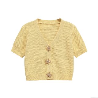 Women's V-Neck Mercerized Cotton Knit T-Shirt Starfish Button Detail Short Sleeve Slim Fit Cropped Cardigan Top For Summer