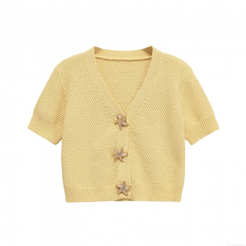 Women's V-Neck Mercerized Cotton Knit T-Shirt Starfish Button Detail Short Sleeve Slim Fit Cropped Cardigan Top For Summer