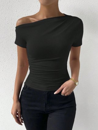 Women's Sexy Oblique Neck Short Sleeve T-Shirt Slim Fit Asymmetrical Ruched Top Summer Solid Color Polyester Spandex Tee For Clubwear
