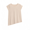 Women's Asymmetric Hem Knitted T-Shirt Round Neck Short Sleeve Ice Silk Polyester Tee Streetwear Casual Solid Color Beige Top
