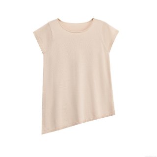 Women's Asymmetric Hem Knitted T-Shirt Round Neck Short Sleeve Ice Silk Polyester Tee Streetwear Casual Solid Color Beige Top