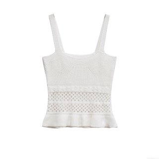 Women's Knit Camisole Hollow Out Polyester Ruffle Hem Summer Streetwear Top For Women White Breathable Crochet Tank Top