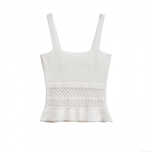 Women's Knit Camisole Hollow Out Polyester Ruffle Hem Summer Streetwear Top For Women White Breathable Crochet Tank Top