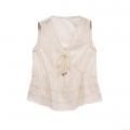 Women Sleeveless V Neck Top With Bow Tie Polyester Lace Patchwork Ruffle Hem Vertical Stripes Summer Casual Streetwear Solid Color Vest For Lady