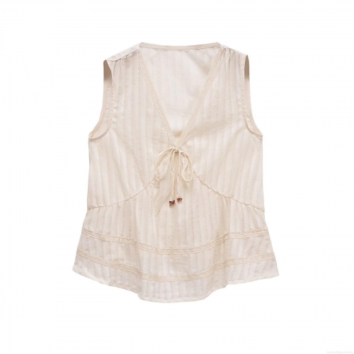 Women Sleeveless V Neck Top With Bow Tie Polyester Lace Patchwork Ruffle Hem Vertical Stripes Summer Casual Streetwear Solid Color Vest For Lady