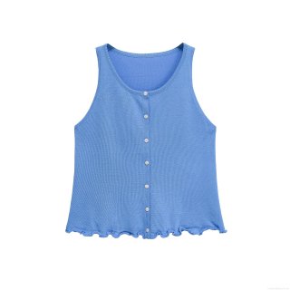 Women's Mercerized Cotton Knitted Vest Single Breasted Round Neck Sleeveless Tank Top With Lettuce Hem Button Up Streetwear Style Summer Casual Crop Waistcoat For Ladies