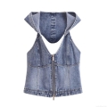 Women's Sexy Backless Hooded Denim Camisole Washed Blue Double Zip Front Crop Top Streetwear Halter Tank Top For Summer Party