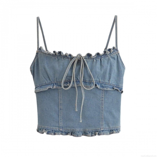 Women's Sexy Blue Denim Camisole Top With Ruffle Trim Lace-Up Bow Detail Back Smocking Cropped Tank Top Summer Streetwear Casual Sleeveless Shirt
