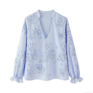 Women's European Style V-Neck Lantern Sleeve Striped Shirt With 3D Floral Applique Ruffle Cuff Long Sleeve Polyester Casual Top