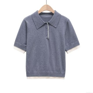 Women's Knit Polo T-Shirt Contrast Trim Fake Two Piece Short Sleeve Lapel Collar Casual Streetwear Summer Knitwear Tops For Ladies