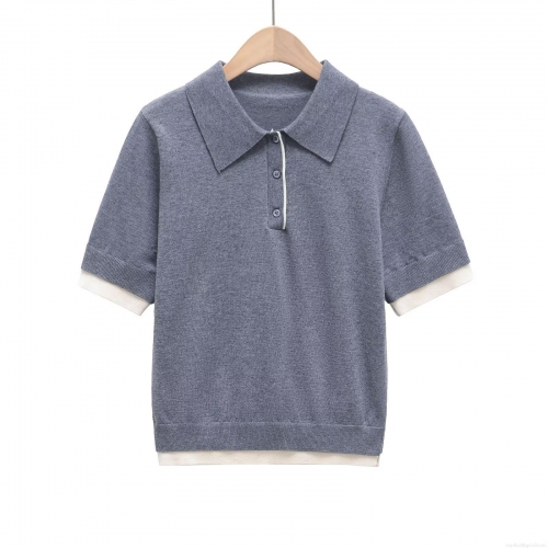 Women's Knit Polo T-Shirt Contrast Trim Fake Two Piece Short Sleeve Lapel Collar Casual Streetwear Summer Knitwear Tops For Ladies