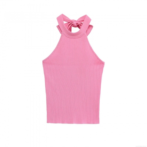 Women's Sexy Halter Top Ribbed Knit Backless Bow Tie Neck Camisole Pink Mercerized Cotton Polyester Sleeveless Summer Slim Fit Crop Top Streetwear Party Vest