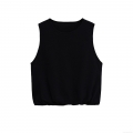 Women's Summer Knit Sleeveless T-Shirt Round Neck Solid Black Peplum Hem Vest Top Casual Mercerized Cotton Blend Streetwear Blouse For Women