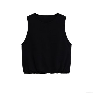 Women's Summer Knit Sleeveless T-Shirt Round Neck Solid Black Peplum Hem Vest Top Casual Mercerized Cotton Blend Streetwear Blouse For Women