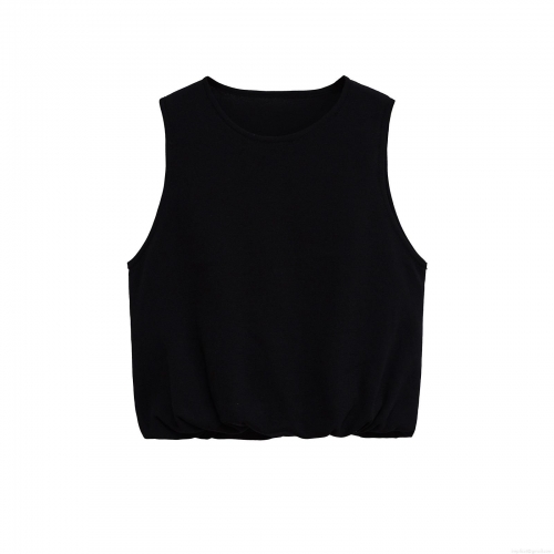 Women's Summer Knit Sleeveless T-Shirt Round Neck Solid Black Peplum Hem Vest Top Casual Mercerized Cotton Blend Streetwear Blouse For Women