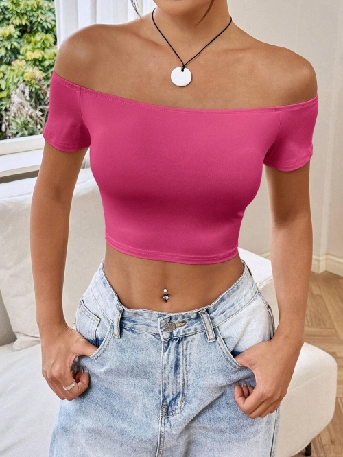 Women's Sexy Off-The-Shoulder Crop Top Solid Rose Red Short Sleeve Slim Fit T-Shirt Polyester Spandex Blend Summer Casual Dating Party Streetwear Top