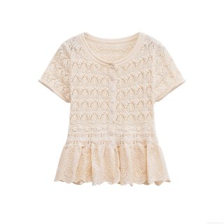 Women's Hollow Out Knit T-Shirt Short Sleeve Crochet Top With Lace Patchwork Hem Sweet Apricot Summer Tee Streetwear For Women