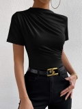 Women's Mock Neck Ruched T-Shirt Elegant Slim Fit Short Sleeve Polyester Spandex Top Solid Color Summer Fashion Casual Office Tee