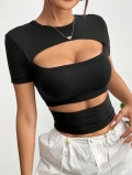 Women Sexy Y2K Hollow Out Crop Top Viscose Elastane Slim Fit Short Sleeve T-Shirt Solid Black Cut Out Streetwear Summer Casual Tee For Women